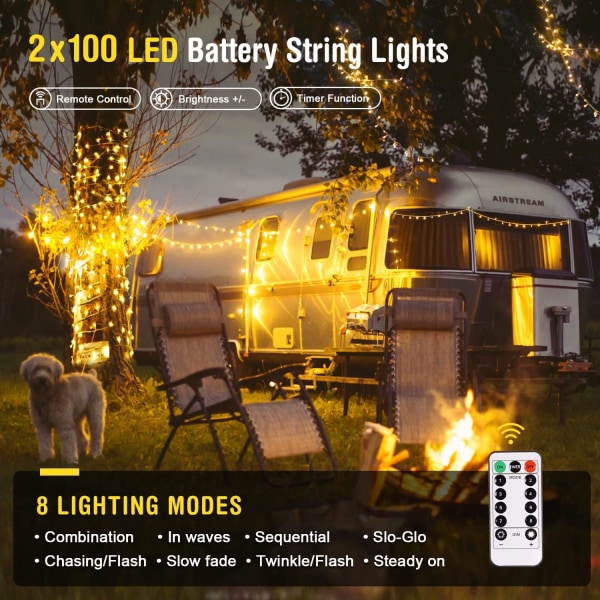 2 Piece Warm White Battery Operated Outdoor String Lights, 33 Feet Each 100 LED Battery Operated Christmas Lights with Remote Control, 8 Patterns Tw