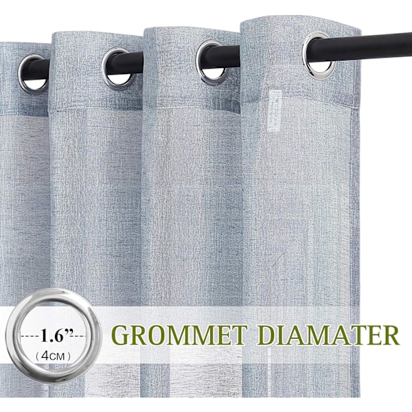 Linteksturerte, halvtransparente gardiner - 213 cm lengde (sett med 2) - 132 cm brede maljepaneler i sjødis, lysfiltrerende for soverom/gjesterom