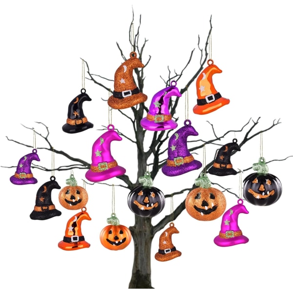 Halloween-trädprydnader 27-delade Halloween-granskulor med häxhatt och pumpa, Halloween-dekoration splittringssäker hängande granulat av plast eller