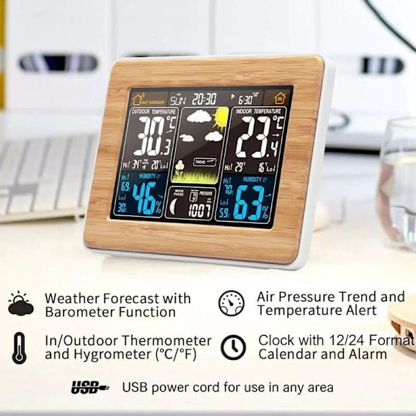 Trådlös väderstation med barometer/väderprognos/varning, färgskärm inomhus/utomhus multifunktionsklocka termometer hygrometer