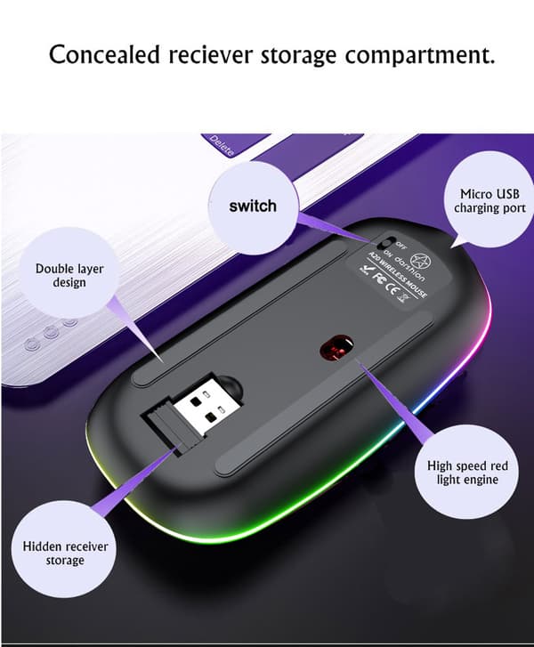 Trådløs mus til bærbar computer, 2.4GHZ Bluetooth mus genopladelig (ren sort)