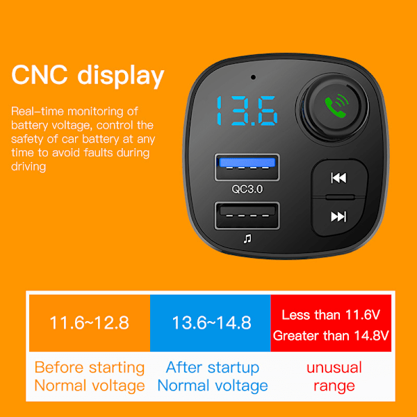 Bil MP3 Bluetooth Billader QC3.0 Hurtiglading Spenningsdeteksjon Bluetooth-mottaker FM-sender