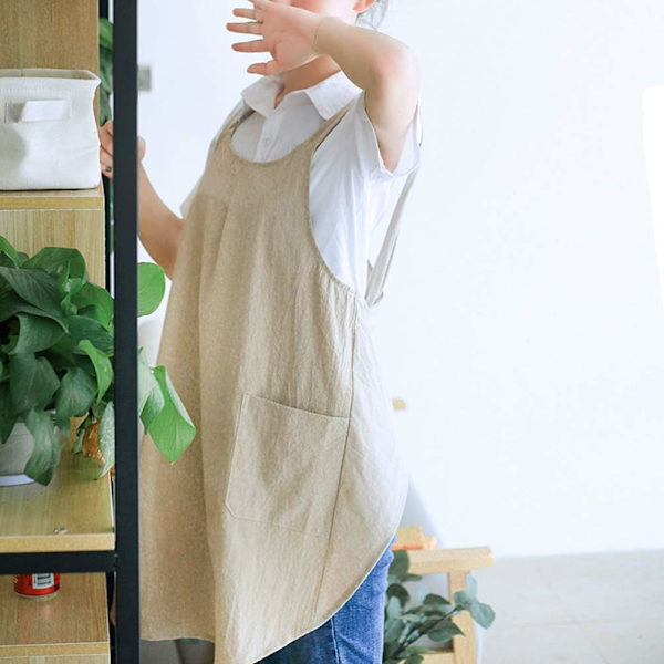 Mjuk bomullslinneförkläde Halterneck Korsbandage Förkläden Japansk stil X-form Dubbla fickor Kök Matlagning Kläder Present till kvinnor Kock Inflyttningspresent