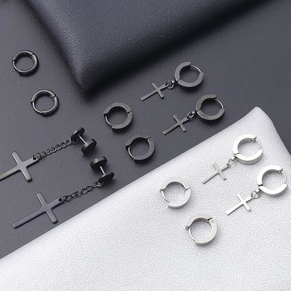 15 par rustfri stål kors øreringe - Hypoallergenisk punk hoop & dangle sæt til mænd/kvinder - Unisex hængsel design