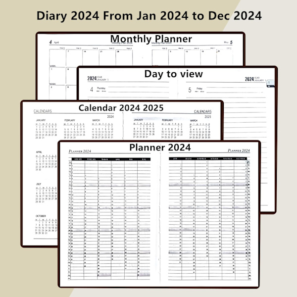2024 A5 Dagbogsplanlægger, 2024 dagbog dag en side, Ugentlig månedlig planlægger med månedlig fane, Jan-Dec 2023 med penneholder, 320 sider (SORT 2024)