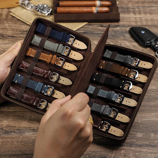 Äkta läder klockarmband förvaringsväska rymmer 12 klockarmband förvaringsväska passar de flesta storlekar klockarmband