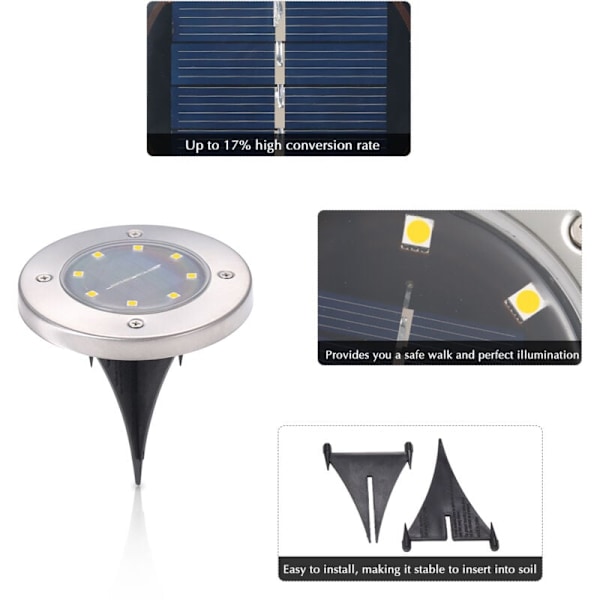 Sæt med 4 IP65 vandafvisende solcellelamper, 8 LED 20 lm, belysning på spyd til have, gang, græsplæne, sti, hvid/varm hvid