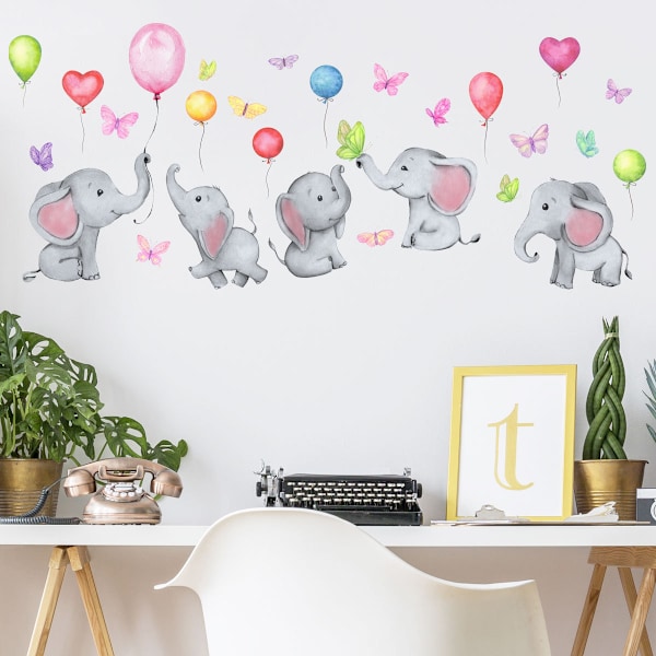Baby Elephant Barnrumsdekor 8 Ark, Väggdekor Med Djur, Regnbåge, Hjärtformade Ballonger, Väggdekaler För Barn, Sovrum