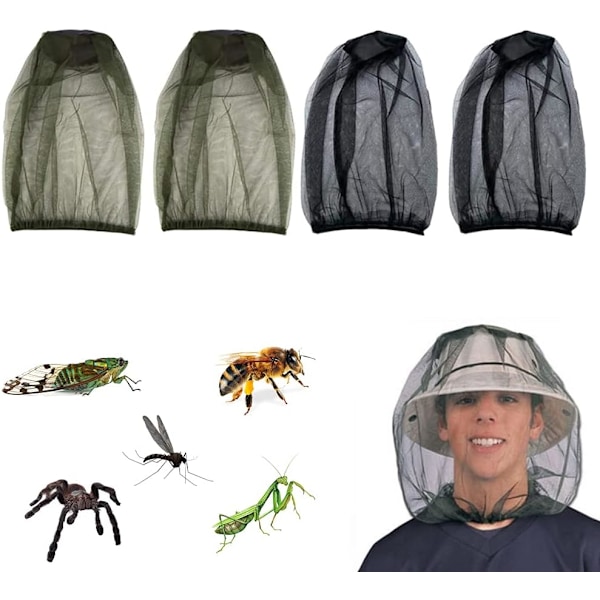 4-pakning myggnetting for ansikt, myggbeskyttelse for hode, myggnetting for hode, mygghette, beskyttelse mot mygg og insekter