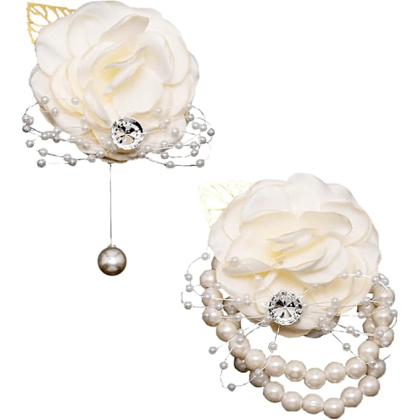 Vit - 2 st handledsblommor bröllop handledsblommor pärlarmband strass röd ros konstgjord blomma handledsblommor brudtärna blomma bröllop armband