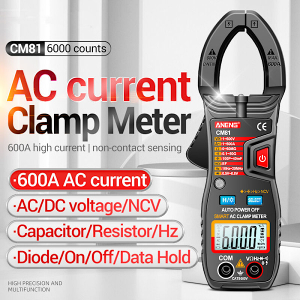 CM81 Intelligent amperemeter tang AC type tang multimeter tang 6000 punkter voltmeter med automatisk område 600a memeter meter modstand med po
