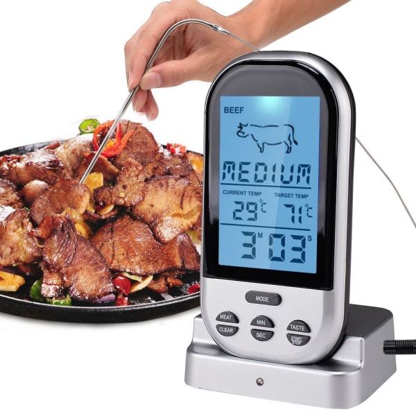 Trådløs Digital Ovn Termometer Kød BBQ Grill Mad Sonde Med Timer Alarm Newsilver1pcs