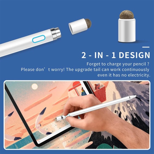 2 i 1 berøringsskjermpenn 1,5 mm høy presisjon kapasitiv stylus universell, kompatibel med smarttelefoner, nettbrett, Apple IP-Hone/i-Pad