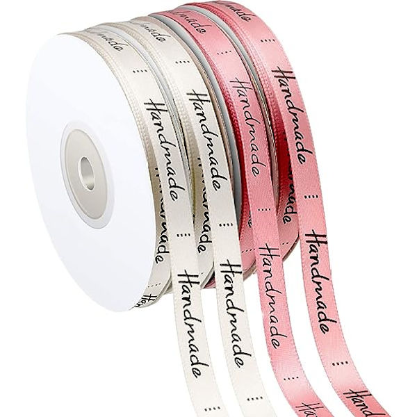 4 rullar dekorativa satinband, handtryckta polyesterband, används för presentförpackningar, rosa och beige, varje rulle är 22 m lång