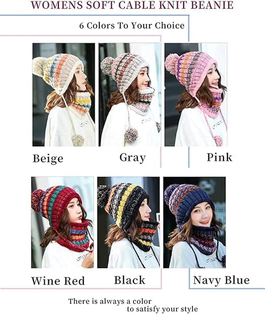 Fleece-fôret dame strikket lue skjerf sett jenter vinter skihue (svart)