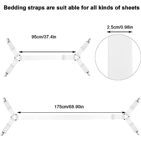 Cross over style sheet fasteners (2 white pieces), adjustable long sheet strap, suitable for heavy-duty sheet clips, fitted sheets, and sheets on al