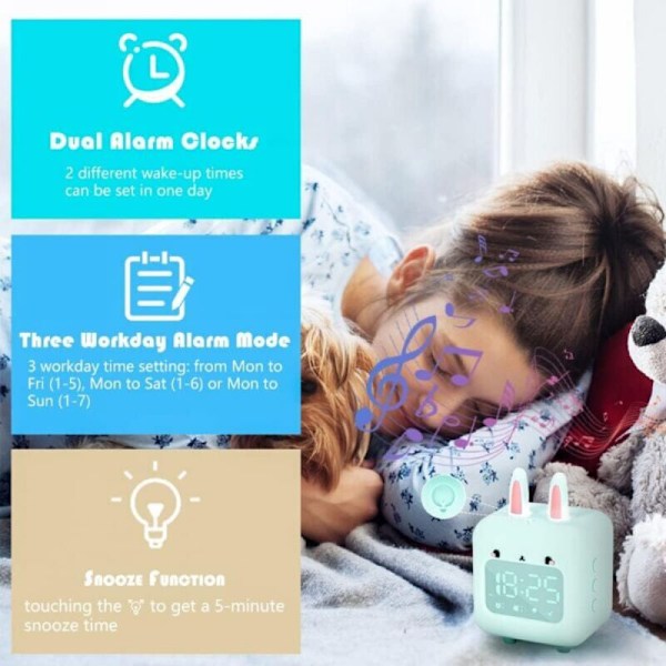 Grønt digitalt vækkeur til børn, kanin med natlys, timer og snooze, genopladeligt sengebordsur via USB til piger, drenge, soveværelse, skole