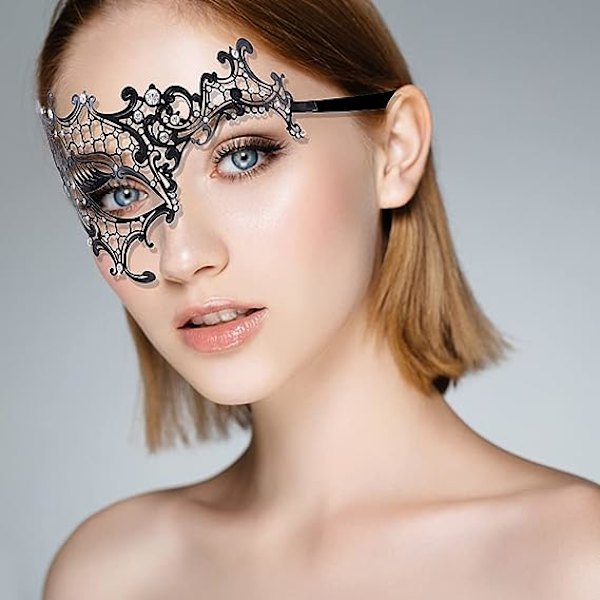 Bor sort - hvid Lady of Luck Metalmaske Smuk behagelig delikat montering ansigt kvindelig ulvemaske til fest karneval aften