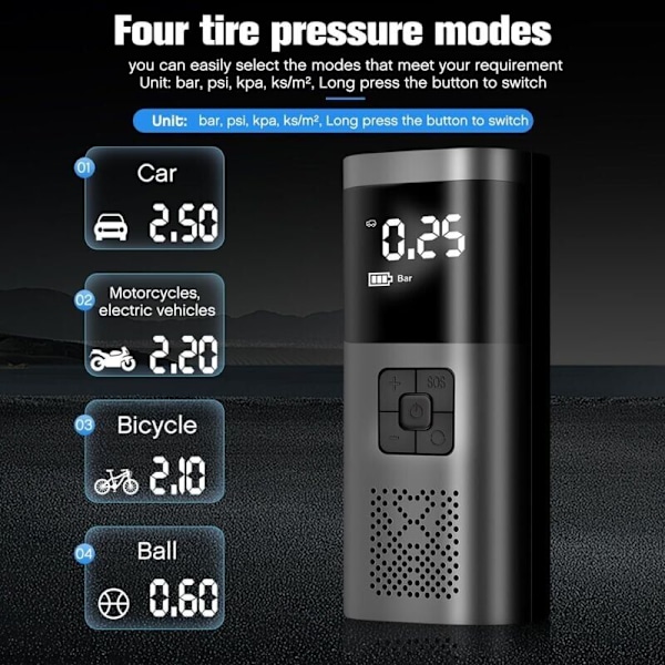 Bildækpumpe, 6000mAh Bærbar luftkompressor Trådløs dækpumpe 150PSI med digital LCD-skærm, Elektrisk Velo-pumpe med LED-lampe til Trotti