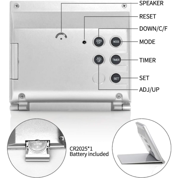 Digital Reseväckarklocka - Fällbar Kalender Temperatur Timer LCD Klocka med Snooze-läge (Silver, Ingen Bakgrundsbelysning)