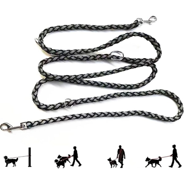 Hundesnor, reflekterende dobbeltline justerbar i nylon med 2 karabinhager og 3 ringe, 2,1 m sort line til multifunktionel hund til små/mellemstore