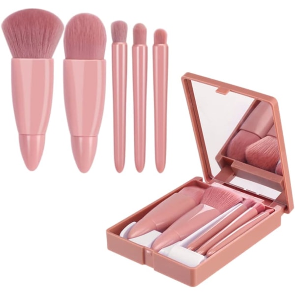 5 st Bärbara sminkborstar set med spegellåda Mini kosmetiska borstar Resesminkborstar Powder Foundation Blush Bärbar sminkborste