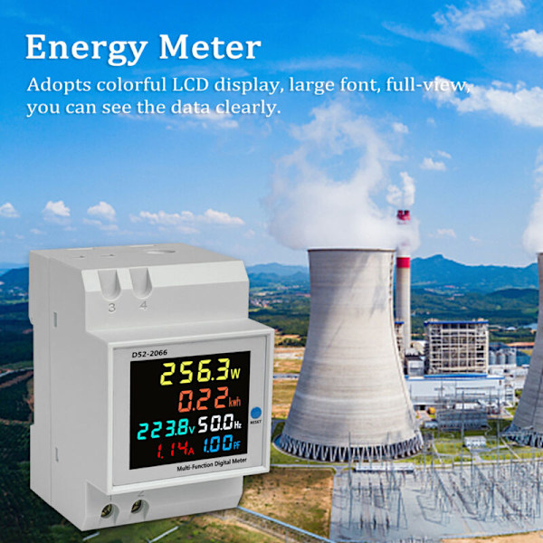 DIN-skena Multifunktionsräknare D52-2066, färgstark LCD-skärm, spänning, ström, aktiv effekt, frekvens, mätning av elektrisk energi, övervakningsenhet