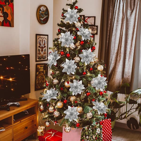 10 Stykker Juleblomster i Juletreet, Glitrende Poinsettia, Julepynt, Julepynt til Juletreet