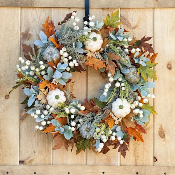 Frosty Leaf Kunstig Blomsterkrans af Græskar - Orange, Dekorativ, Indendørs og Udendørs