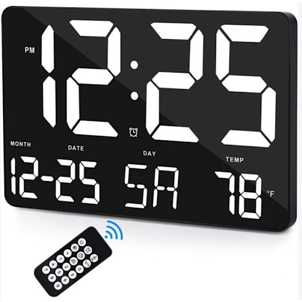 Digital klokke, digital veggklokke med en stor 30 cm LED-skjerm, justerbar lysstyrke, med dag og dato, innetemperatur, slumrefunksjon, 12/