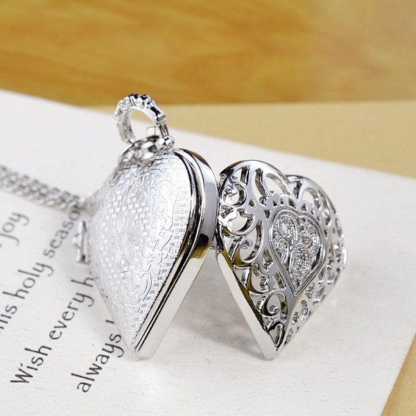 Kvarts fickur, hjärtfickur för kvinnor flicka, arabiska siffror fickur hänge halsband silver retro