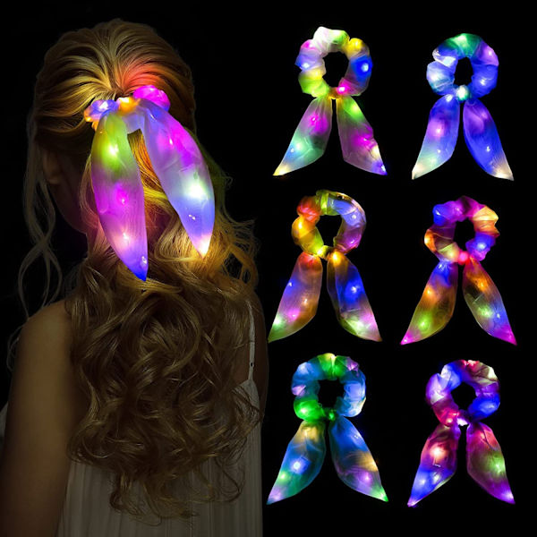 6 stk LED lys opp scrunchie, lys opp elastisk hårbånd, scrunchies for jenter, lys opp hestehale hårbånd for neon Halloween jul bursdag
