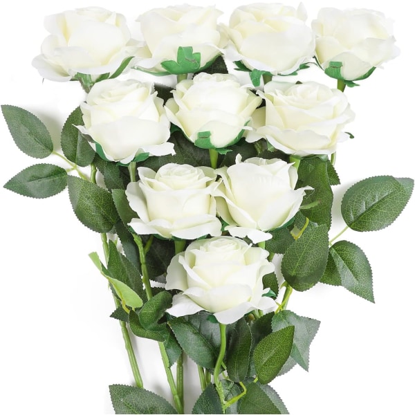 Kunstige roser silkeblomster buket hjemmekontor bryllupsarrangementer hvid (10 stk.)