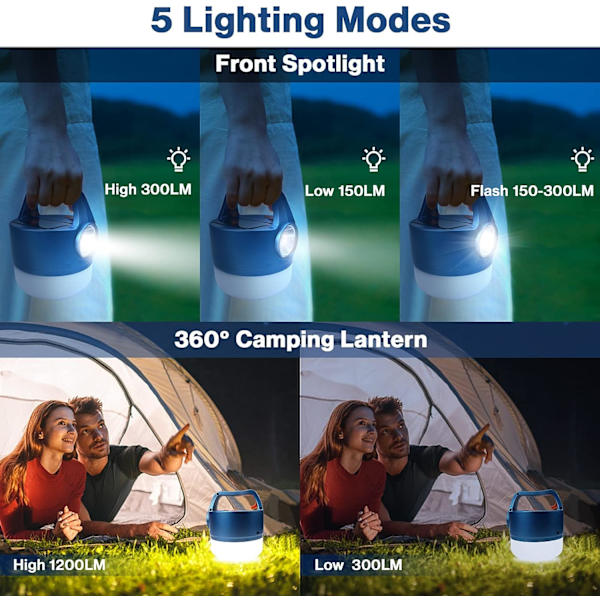 USB eller solcellsladdad LED-campinglampa 2400mAh 5-läges ficklampa Vattentät Bärbar hängande ficklampa för camping, läsning, DIY, räddning, garage, grotta [