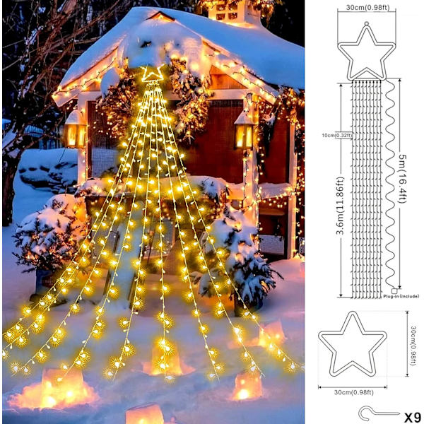 Kirkas joulukuusen tähtiseppele, 344 LED kirkas joulukuusi 8 tilaa ja vedenpitävä IP44 ulkoikkunan joulukuusen koriste häiden yöhön (