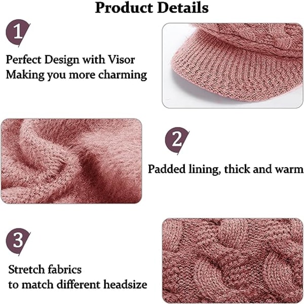 Beanie Hats for Women - Knitted Winter Hat Fleece Lined Ladies Beret Hat Warm Knitted Wool Hat Peaked Baker Boy Hat with Visor(pink)