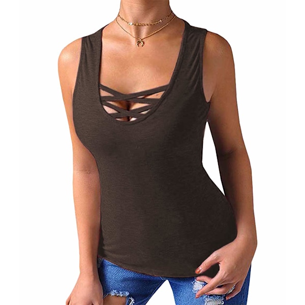 Kvinners Tank Tops Sommer Ermeløse Skjorter Criss Cross Casual Basic Tee Skjorter Topper Bluser (L Svart）