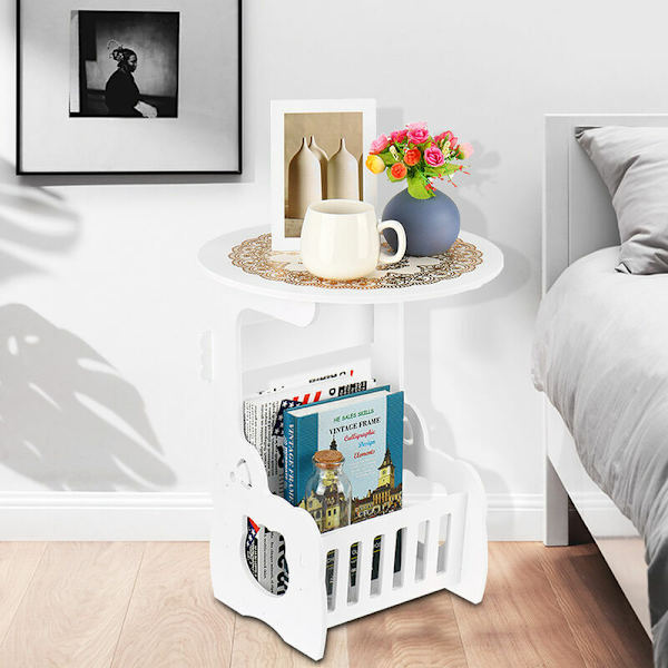 Hvid Lille Rund Side End Bord Ved Siden Af Kaffe Te Bord Opbevaring Organizer Rack