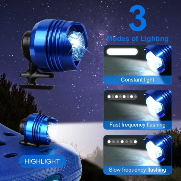 2 stk. frontlykter for Croc, Crocs frontlykt IPX5 vanntett med 3 lysmoduser, Croc sko frontlykt ABS krokodille frontlykter LED-lys for Croc for hundelufting, camping