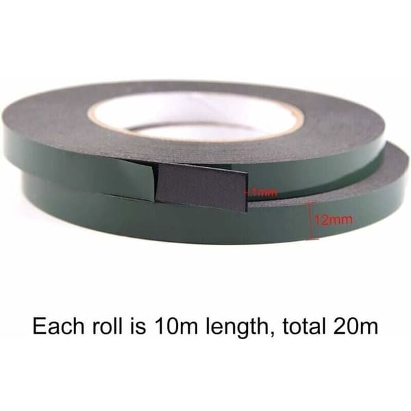 2 Ruller 12mm Sort Dobbeltsidet Skumklæbende Tape, Vandtæt Monteringstape Ruller til Biltrim, Nummerplader (10m pr. rulle)