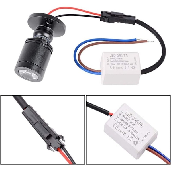 10 x LED mini indbygningsspots, 1W LED mini spotlight, med driver, 85-265v [energiklasse A+] (sort, koldt lys)