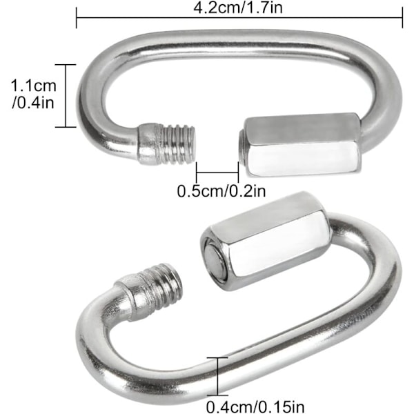 16 stk hurtigkobling i rustfritt stål m4 Låsekarabiner 304 D, mini karabinkrok har skruer for turutstyr, campingplass, eksteriør og interiør