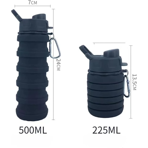 Silikoninen kokoontaittuva vesipullo karabiinilla - 500ml BPA-vapaa urheilupullo matkustamiseen ja retkeilyyn | Tiivis (Musta+Violetti+Sininen, 3 kpl)
