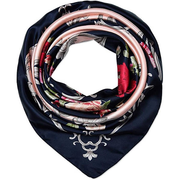 (2 st - Svart) 90x90cm Dam Polyester Silke Handtag Fyrkantig Huvudduk Antik Ros Vagn Blomma Sjal