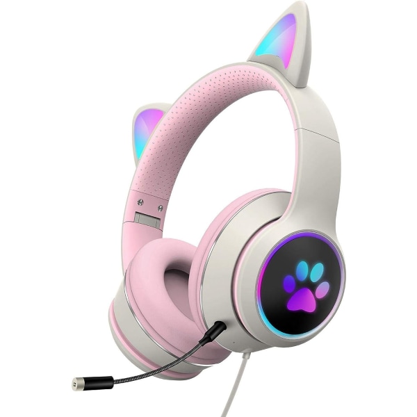 Grå + Pink - 1 par søde katteører til gaming-hovedtelefoner, foldbare, S