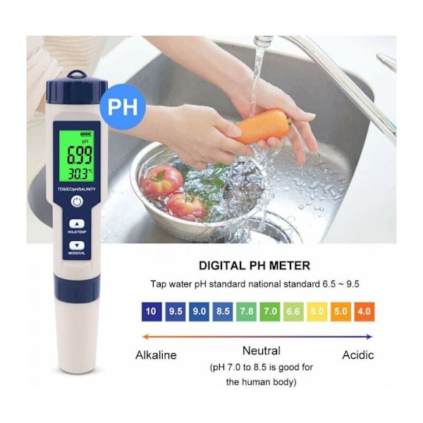 PH-tester Elektronisk måler 5-i-1, PH & TDS & EC Saltholdighed & TEMPERATUR VANDKVALITET, LCD-skærm og læsenøjagtighed, til drikkevand, akvarier
