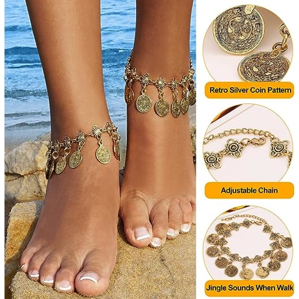 2 st kvinnors strandankelkedjor (guld) tribal mynt tofsar gypsy anklet justerbar bohemisk anklet smycken