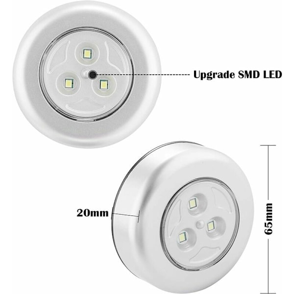 Set med 6 självhäftande LED-lampor drivna av 3 batterier för skåp/garderob/hylla/entré/kök/gång