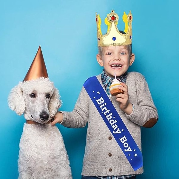 Guttebursdag Kong Krone Kombinasjon (blå), Bursdagsgutter Belte, Flagg og Knappenåler - Bursdagsgutter Festdekorasjon, Guttebursdagsfest Dres