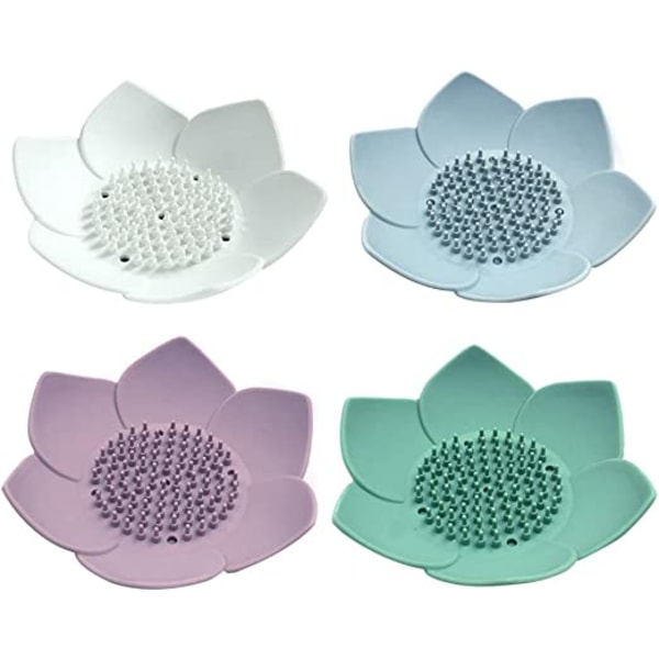 Lotusblomstformet såpeskål, 4 stk silikonsåpeboks, silikonsåpeskål, med drenering for bad eller kjøkken for å holde såpen tørr og ren